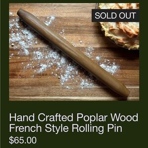 James Taylor Renewals Hand Crafted Poplar Wood French Style Rolling Pin. New.